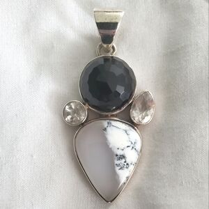 Faceted Onyx, Quartz & Dendritic Opal Necklace Pendant set in Sterling Silver.